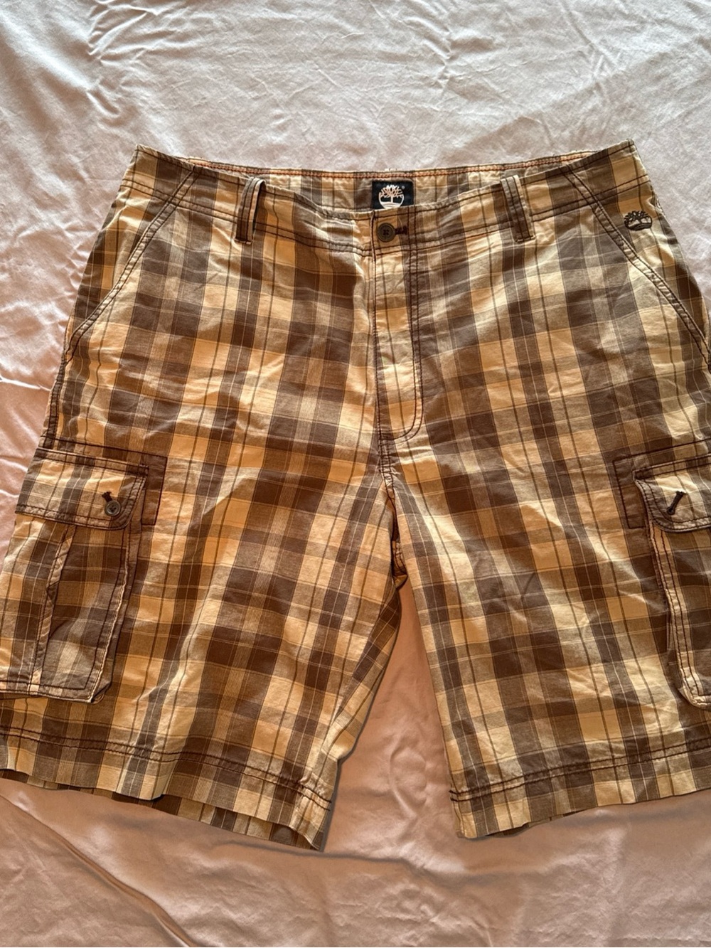 Timberland Men's Plaid Cargo Shorts — Brown & Tan Check